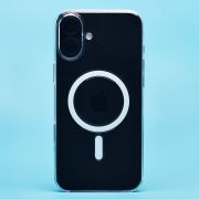 Чехол iPh 16 Plus пластик с лого и SafeMag прозрачный с белым