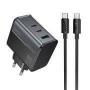 Адаптер Сетевой с кабелем Type-C/Type-C - Hoco CS75A, 1USB/2USB-C/QC3.0/PD70W чёрный
