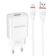 Адаптер Сетевой с кабелем Micro USB - Borofone BA20A, 1USB/2.1A белый