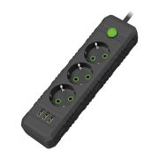 Удлинитель 2м - Amper длина 2м; 3 розетки, 3USB, черный