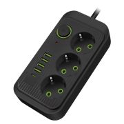 Удлинитель 2м - Amper длина 2м; 3 розетки 4USB/1USB-C чёрный