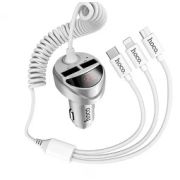 Адаптер Автомобильный - Hoco DZ14, 2USB > micro USB+Lightning+Type-C, 3.4А, серебристый