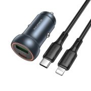 Адаптер Автомобильный с кабелем Lightning/Type-C - Borofone BZ32A, 1USB/1USB-C/QC3.0/PD30W серый