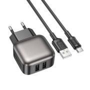 Адаптер Сетевой с кабелем Type-C/USB - Borofone BAS51A, 2USB/2.4A  чёрный