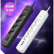 Сетевой фильтр Perfeo Power Stream 4 розетки защитные шторки 3USB 10А 2500 W 2 м чёрный