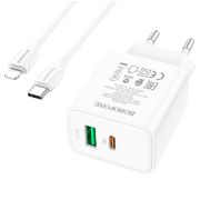 Адаптер Сетевой с кабелем Lightning/Type-C - Borofone BA67A, 1USB/1USB-C/QC3.0/PD20W белый